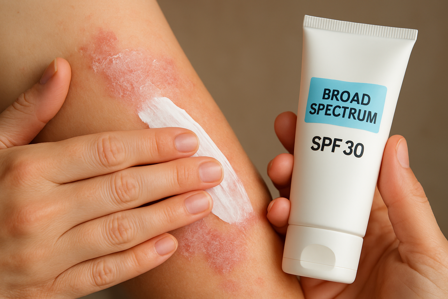 Hands applying sunscreen on skin affected by psoriasis