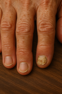 A fingernail with yellow discoloration, thickening, and separation from the nail bed due to fungal infection.