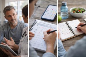 Psoriasis management illustration showing doctor consultation, symptom tracking journal, and lifestyle monitoring tools