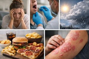 Psoriasis triggers illustration showing stress, throat infection testing, weather changes, unhealthy diet, and psoriasis plaques on skin