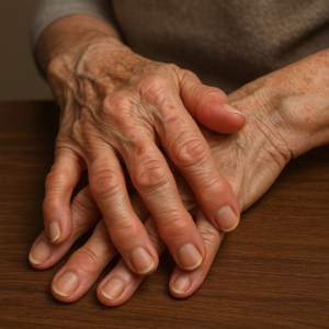 Swollen and deformed joints in both hands, typical of long-term rheumatoid arthritis.