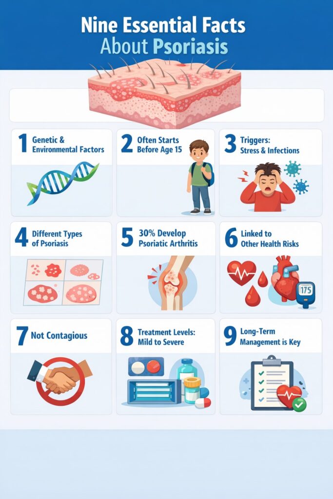 Medical illustration showing psoriasis plaques on skin and systemic inflammation affecting joints and organs