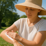 Person applying sunscreen outdoors wearing a hat, representing safe sun exposure for psoriasis