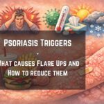 Psoriasis flare up triggers illustration showing stress, infection, weather changes, unhealthy diet, and psoriasis skin plaques on arm