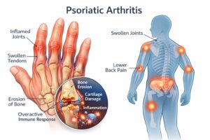 Medical illustration showing swollen finger joints and systemic joint inflammation in psoriatic arthritis