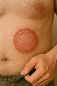 Circular, red ring-shaped lesion on the skin with a clear center, characteristic of a fungal infection.