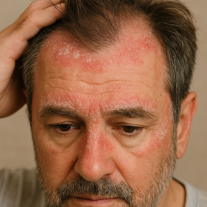 Scalp with greasy, yellowish flakes and redness caused by seborrheic dermatitis.